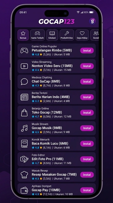 Tampilan katalog aplikasi gocap123